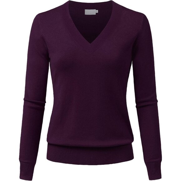 Women's V-Neck Long Sleeve Sweater Soft Stretch Knit Pullover Casual